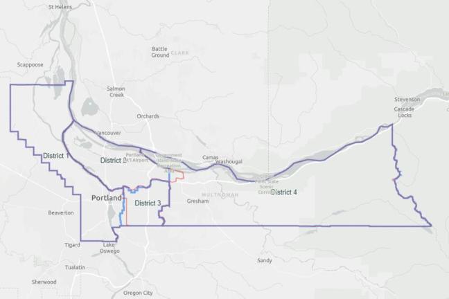 Map of the proposed redistricted Multnomah County Commissioner districts