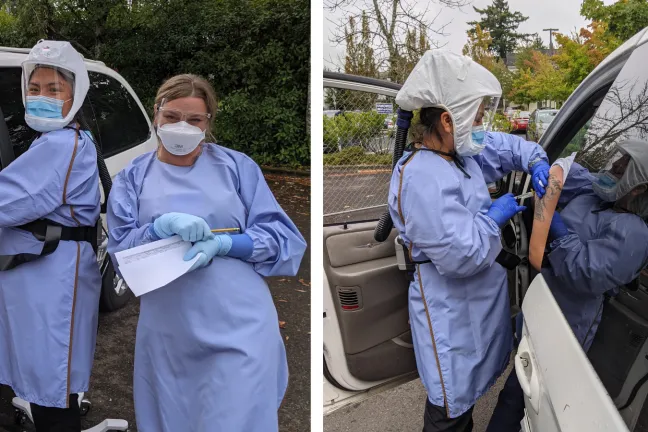 Health staff administer monoclonal antibody treatment at a drive-up treatment site at the East County Health Center.