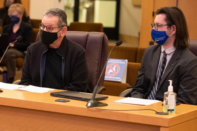 (Left to right): Stanley Penkin of Quiet Clean PDX and Hayden Miller, policy advisor to Commissioner Jessica Vega Pederson, testify on gas-powered leaf blowers.