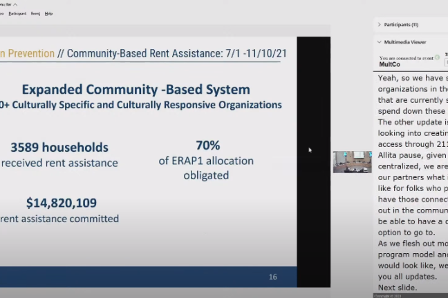 Presentation slide showing that an expanded community-based system of 40+ culturally specific and culturally responsive organizations has committed $14.8 million in rent relief to 3,589 households.