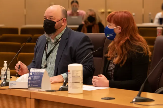 Jeston Black, left, with Taylor Steenblock, both with the County's Office of Government Relations brief commissioners Jan. 13, 2022.