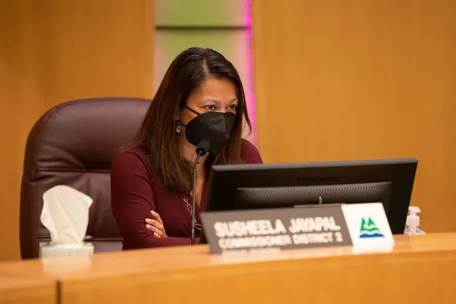 Commissioner Jayapal during the Board discussion on the clean air resolution.