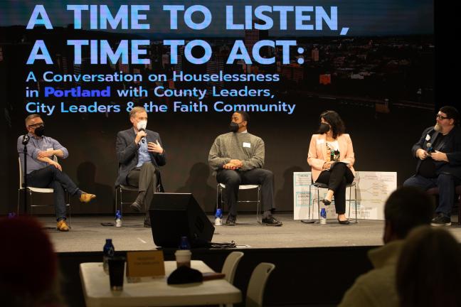 Joint Office director Marc Jolin, second from left, speaks during the "A Time to Listen, A Time to Act" faith forum Friday, Feb. 18, 2022.