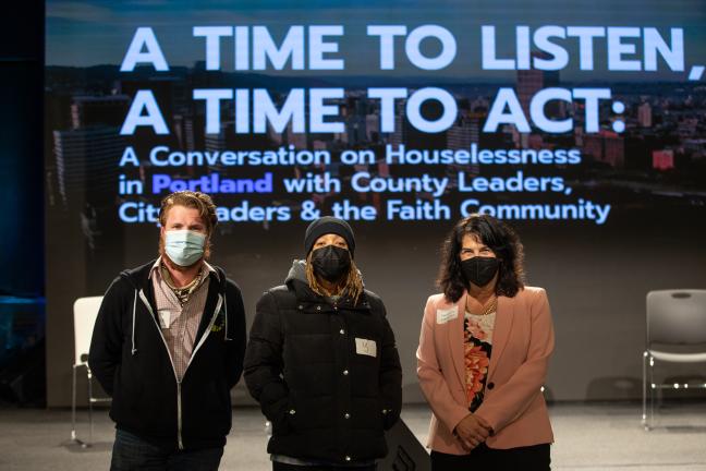 Commissioner Sharon Meieran, right, with staff from Cultivate Initiatives after the "A Time to Listen, A Time to Act" faith forum Friday, Feb. 18, 2022.