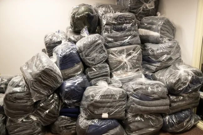 Fresh blankets for guests at the Market Street severe weather shelter, February, 2022