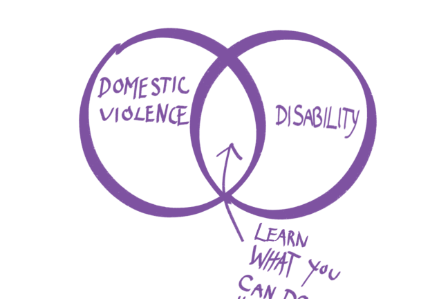 Venn diagram of Domestic violence and disability with an arrow pointing to the intersection saying: learn what you can do here