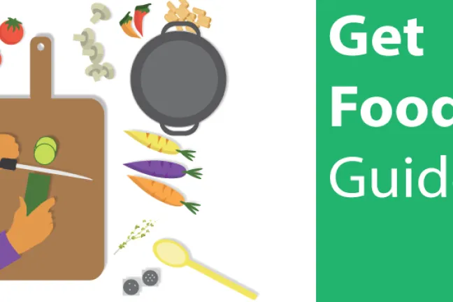 Get food guide text with person cooking illustration