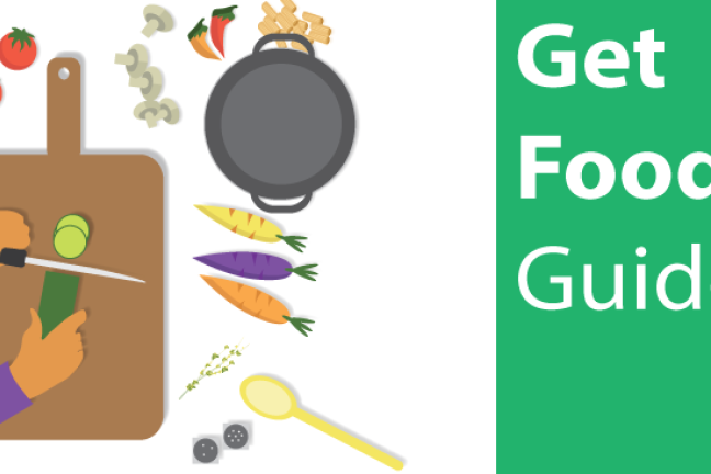 Get food guide text with person cooking illustration