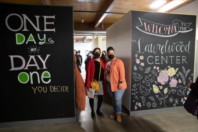 Commissioner Jessica Vega Pederson, left, and Stacy Borke of Transition Projects at the Laurelwood Center on Friday, March 11, 2022.