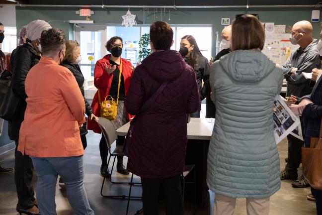 Commissioner Jessica Vega Pederson, speaking, and Beaverton Mayor Lacey Beaty, to her left, facing the camera, during a tour at the Laurelwood Center on Friday, March 11, 2022.