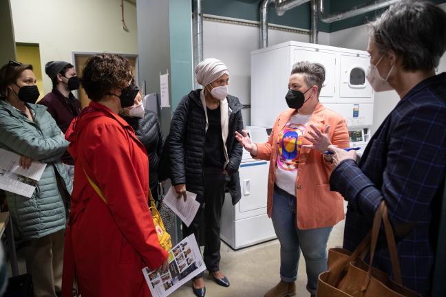 Stacy Borke of Transition Projects, speaking, during a tour of the Laurelwood Center shelter on Friday, March 11, 2022.