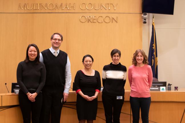 Vance Vision team member Irene Kim of Cascadia Partners with Multnomah County's Brett Taute, Commissioner Lori Stegmann, Cate Schneider and Jamie Waltz.