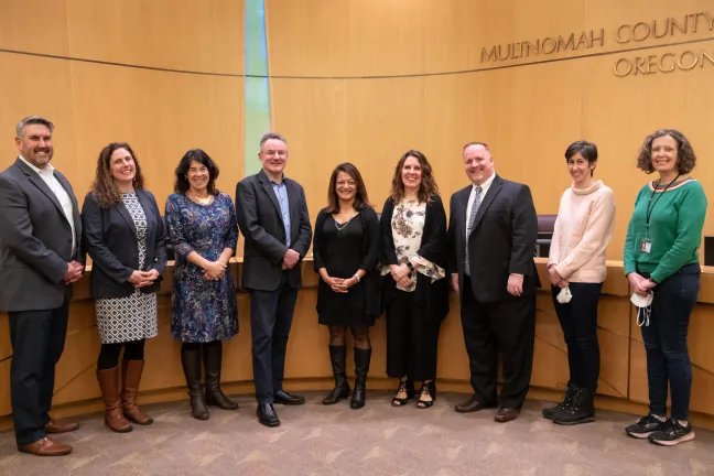 Members of the Earthquake Ready Burnside Bridge project team with County Commissioners at the 3-17-2022 meeting.