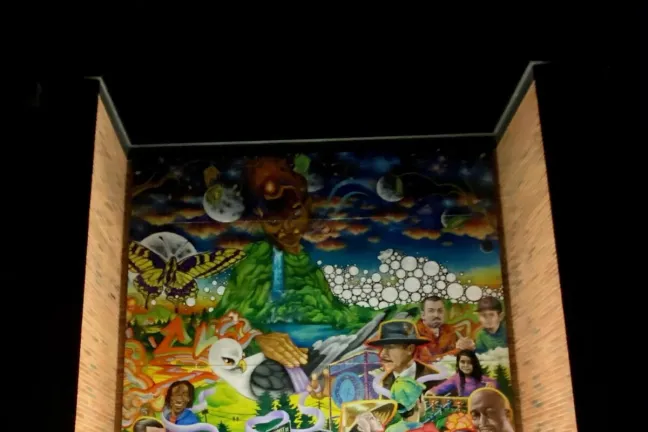 The 28-by-20-foot mural features elements of nature: a colorful waterfall, a butterfly and flowers. It features prominent Portland-area landmarks and, above all, people and families who helped inform the mural’s theme of restorative justice.