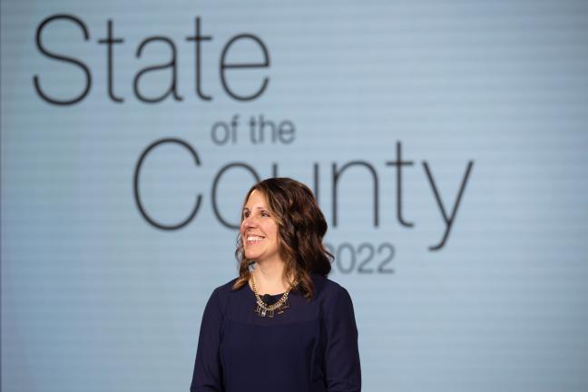 Chair Kafoury waits to be introduced at the 2022 State of the County address.