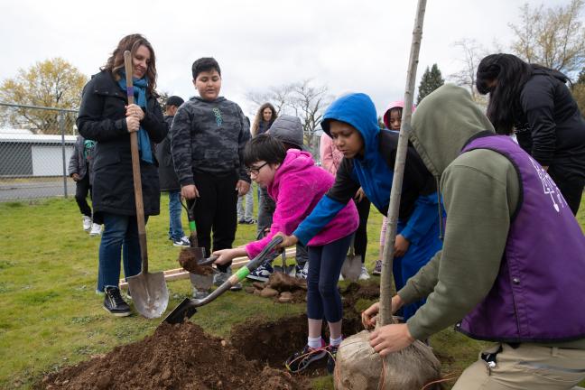 Chair Kafoury plants trees with Davis Elementary students.