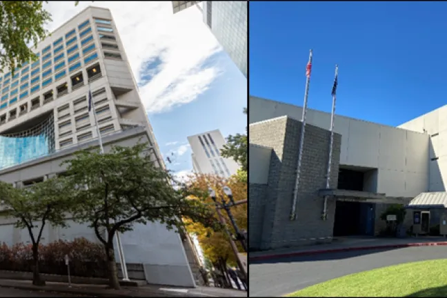 Exteriors of Multnomah County Justice Center, which houses the Multnomah County Detention Center, & Inverness Jail