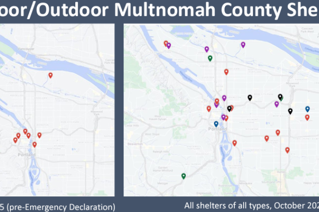 Maps showing increase in shelter beds in Portland from 2015 to 2021