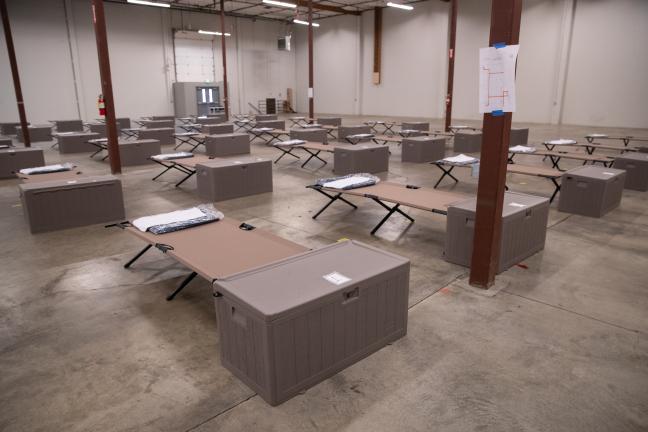 Cots and personal lockers at the 120 S.E. Market St. shelter.