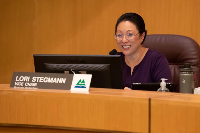 Commissioner Lori Stegmann at a May meeting. She appeared virtually at the Budget Approval due to COVID-19.