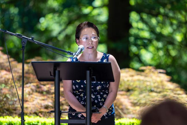 Commissioner Stegmann delivering remarks at the memorial to heat victims June 26..