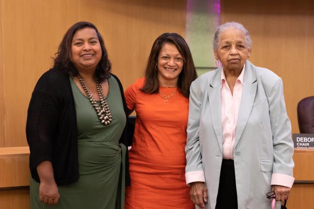 Commissioner Susheela Jayapal with Nancy Haque of Basic Rights Oregon, and Kathleen Sadaat, longtime LGBTQ activist.