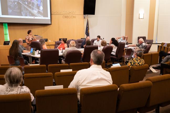 Commissioner Vega Pederson addresses the final meeting of the Earth Quake Ready Burnside Bridge Task Force.