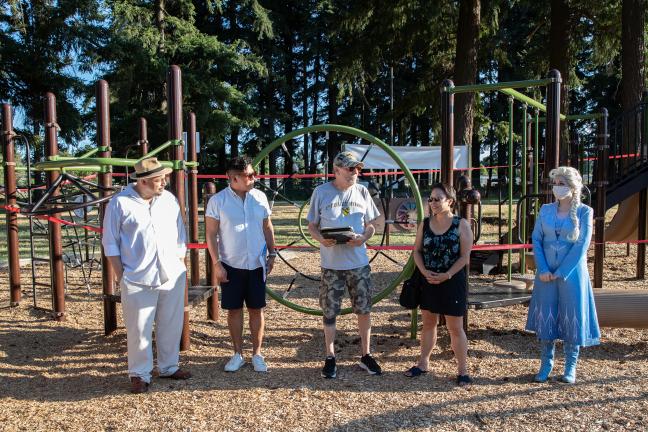 The National Night Out event included the long-delayed dedication of new playground equipment at Kirk Park.