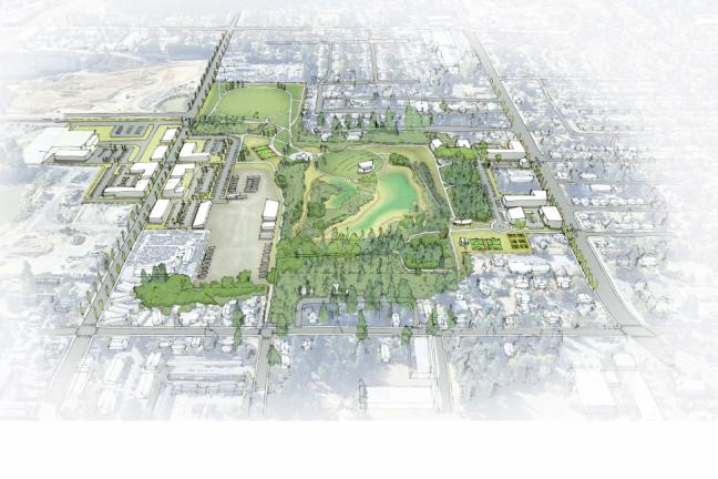 An artist's rendering of an aerial view of the Vance Property, showing new housing developments and other buildings, and an improved park area.