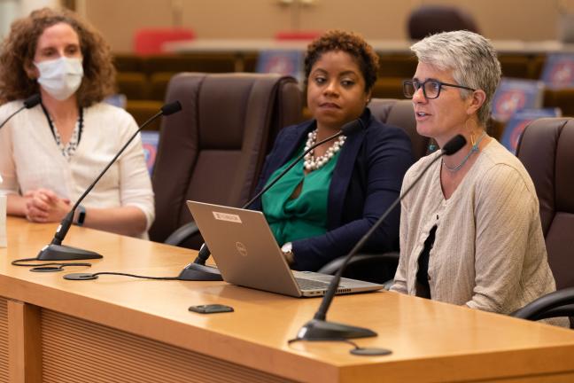 (Left to right): Dr. Jennifer Vines, Chantell Reed and Kim Toevs brief the Board