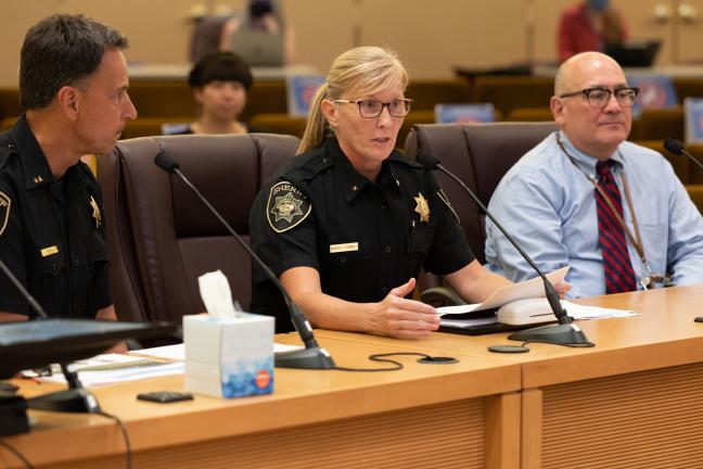 From left: Multnomah County Sheriff Mike Reese, Sheriff-elect Nicole Morrisey O’Donnell and Dr. Christopher Ortiz, deputy superintendent for Reynolds School District.