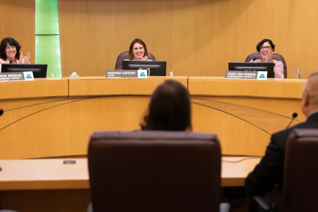 (Left to right) Commissioner Sharon Meieran, Chair Deborah Kafoury and Commissioner Jessica Vega Pederson thanked the local Latiné leaders.