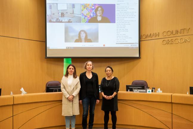Chair Deborah Kafoury, Mikki Gillette and Commissioner Lori Stegmann pose for photo. The proclamation, was co-sponsored by Commissioner Jessica Vega Pederson and Commissioner Sharon Meieran who attended virtually.
