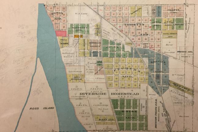 1891 section map of Portland. It shows Section 11, an area on the east side of the Willamette River, south from Division Street to Colgate Street, which was the southern boundary of Portland at that time.