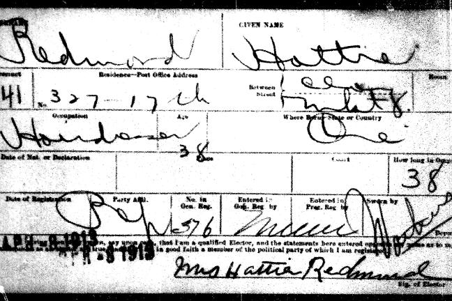 Scanned image of Hattie Redmond's voter card from 1912. Data includes first and last names, address, occupation, place of nativity, age, number of years in Oregon, party affiliation, precinct name of administrative personnel, and signatures. 