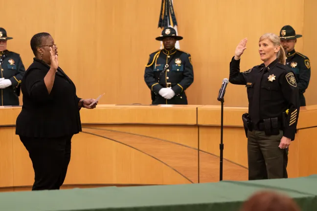 Oregon Supreme Court Justice Adrienne Nelson issued the oath of office while Morrisey O’Donnell’s husband, retired Multnomah County Sheriff’s Deputy Bob O’Donnell, pinned on her Sheriff’s badge.