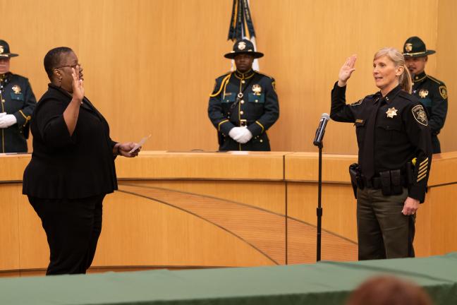   Oregon Supreme Court Justice Adrienne Nelson issued the oath of office while  Morrisey O’Donnell’s husband, retired Multnomah County Sheriff’s Deputy Bob O’Donnell, pinned on her Sheriff’s badge.  