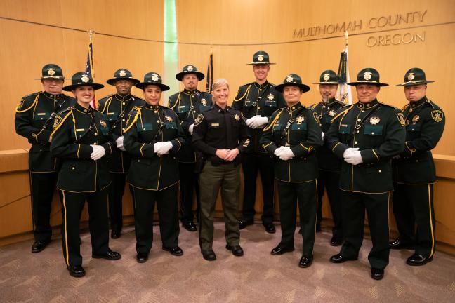 Sheriff Morrisey O'Donnell poses with Multnomah County Sheriff's Office staff.