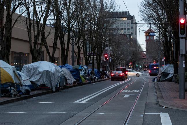 Tents on a city street in Portland