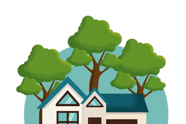 A cartoon home surrounded by green trees