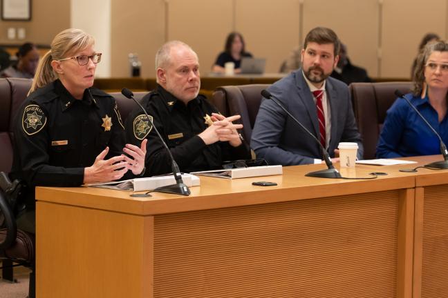 Multnomah County Sheriff Nicole Morrisey O'Donnell (left), Law Enforcement Division Chief Deputy James Eriksen, Multnomah County District Attorney Mike Schmidt and Abbey Stamp, executive director of the Local Public Safety Coordinating Council.