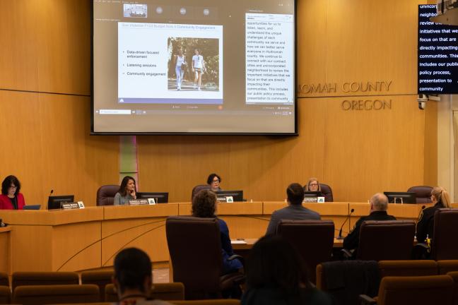 The briefing included presentations from members of Multnomah County’s Local Public Safety Coordinating Council, the Multnomah County Sheriff’s Office, District Attorney’s Office, Department of Community Justice and the Health Department. 