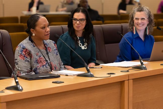  Multnomah County Juvenile Services Division Director Dr. Kyla Armstrong-Romero presented alongside Department of Community Justice Deputy Director Denise Peña and Abbey Stamp, executive director of the Local Public Safety Coordinating Council.