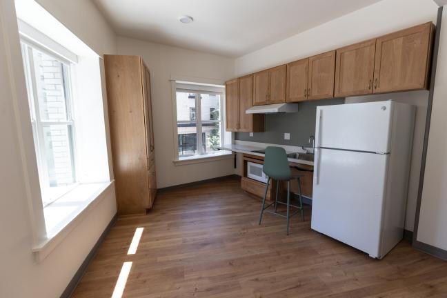 Interior of one of the Joyce apartments. The rooms include a kitchenette.