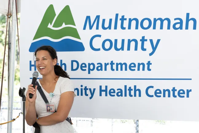 Adrienne Daniels speaks as the Interim Director of ICS at the Integrated Clinical Services Appreciation Day on Sept. 23, 2022.