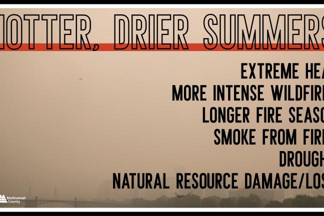 Hotter, Drier Summers leads to extreme heat, more intense wildfires, longer fire season, smoke from fires, drought, and natural resource damage and loss