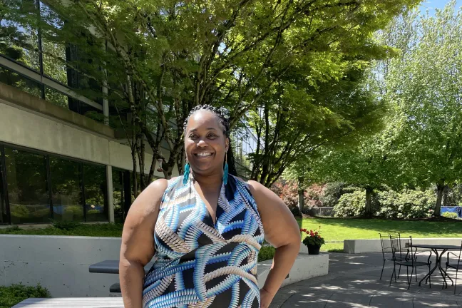 Anitra Lambert on a mid-afternoon break at the Lloyd Corporate Plaza, where she works at Healthy Homes and Communities and Environmental Health inspections.