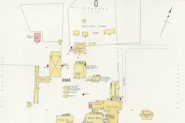 1909 Sanborn map of Multnomah County's Hillside Poor Farm. The map identifies buildings on the property, including the hospital, kitchen men's ward, women's ward, wood shed, etc.