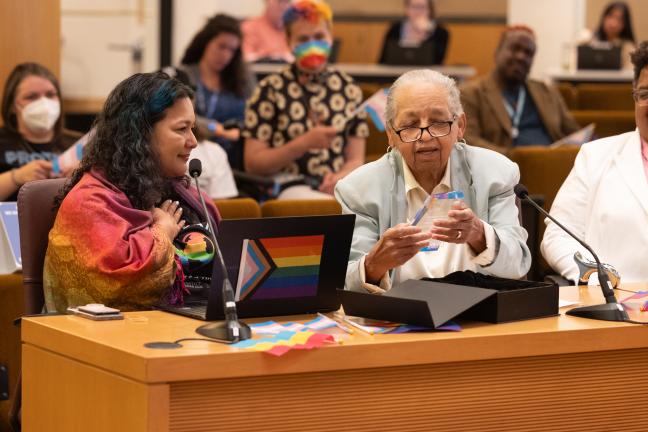 Kathleen Saadat presents Sarina Saturn with the 2023 Kathleen Saadat Award