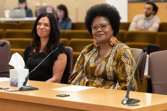 (Left to right): Department of Community Justice Deputy Director Denise Peña and Director Erika Preuitt brief the Board of County Commissioners